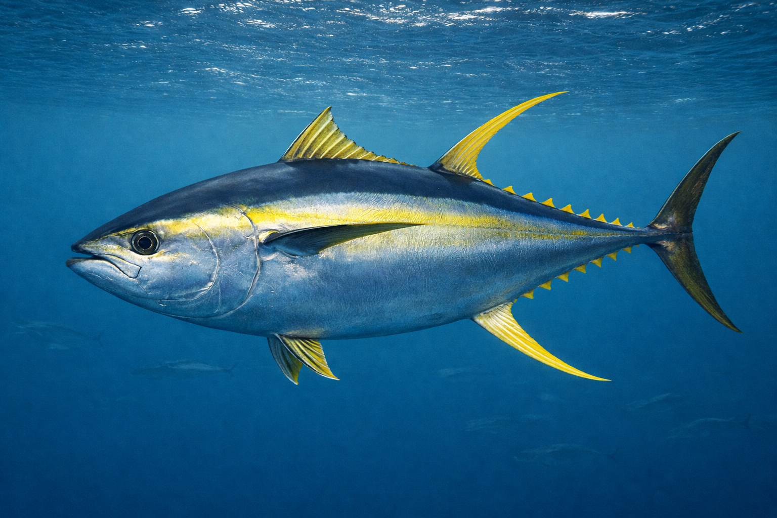 海中を泳ぐキハダマグロ（黄鰭鮪）。黄色いひれが特徴の大型回遊魚。