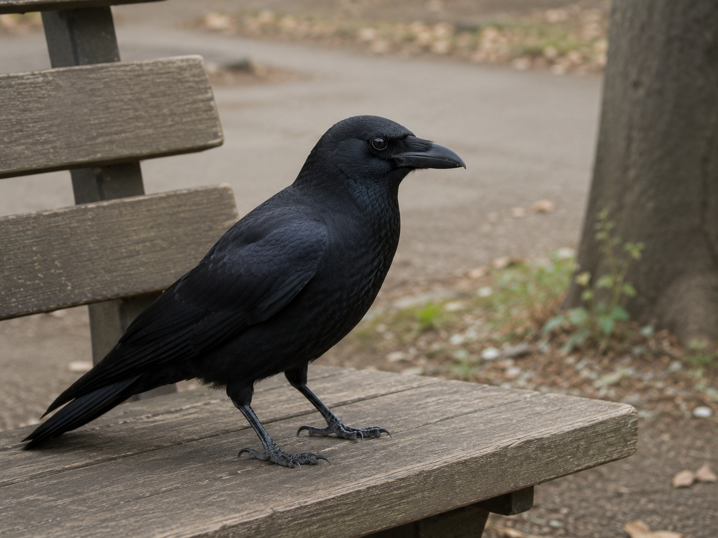 公園のベンチにとまり、周囲を観察するハシブトガラス。都市環境に適応した身近な野鳥