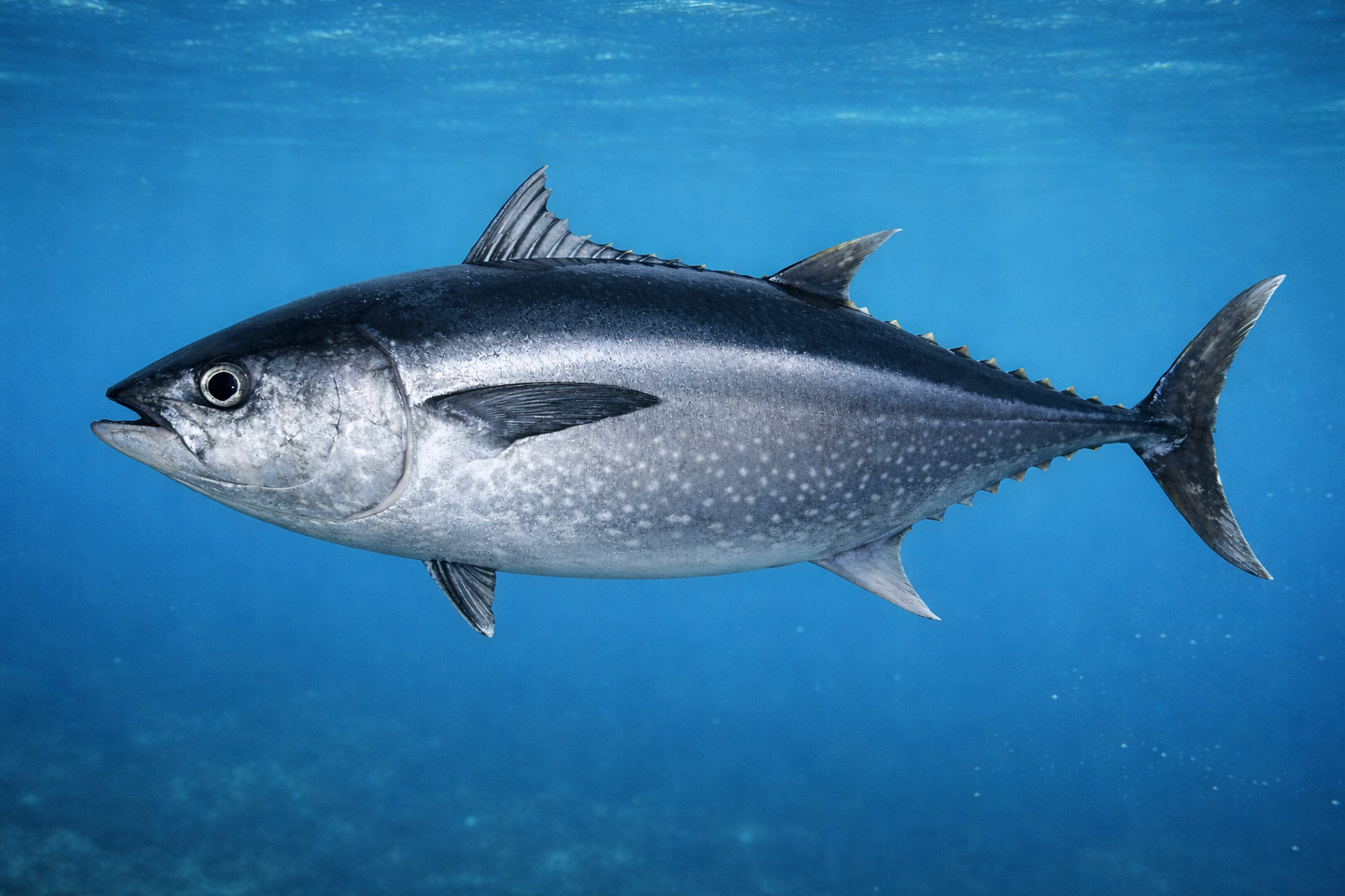 海中を泳ぐコシナガマグロの姿（短い胸びれと丸みのある体型を持つ外洋性マグロ）