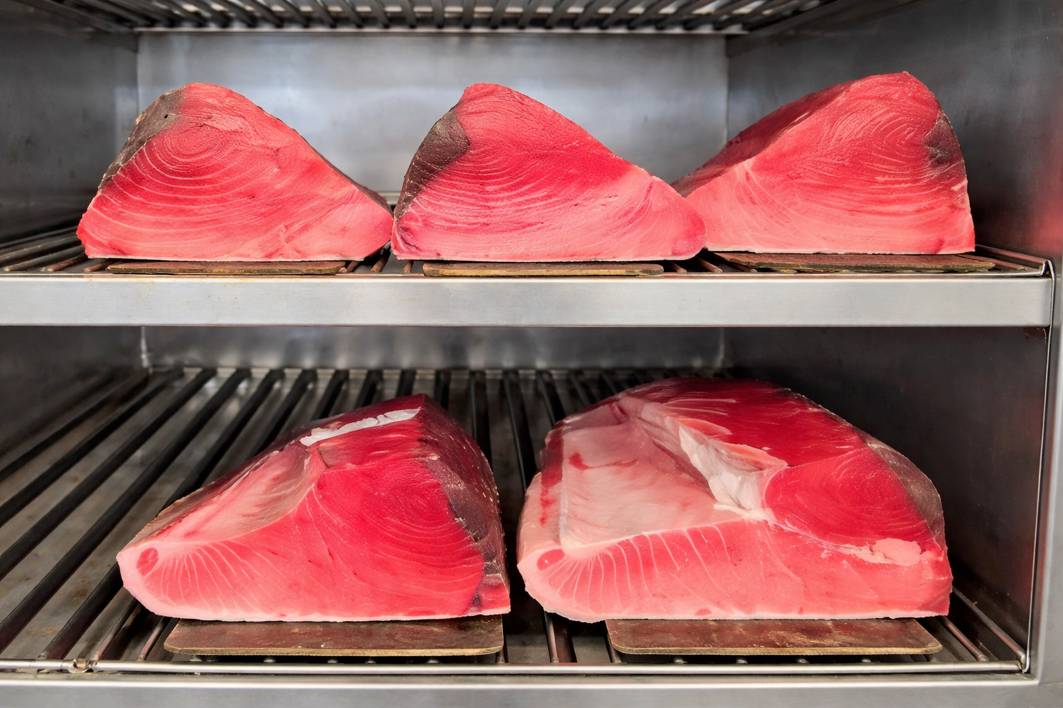 市場の冷蔵庫で保管されるマグロのブロック（流通過程の保存状態）