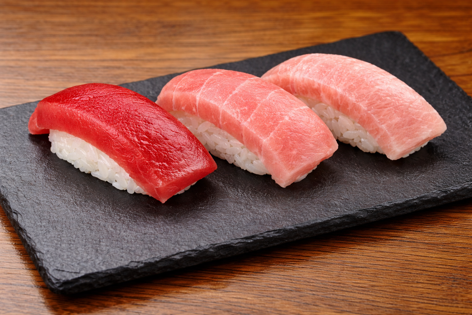 マグロの赤身・中トロ・大トロの握り寿司（部位の違いが分かる3貫）