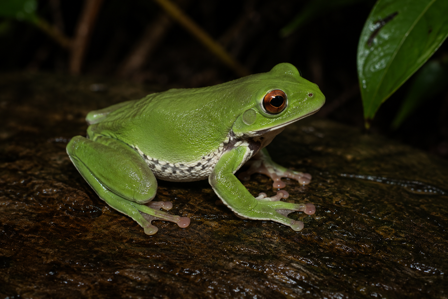 モリアオガエル（Rhacophorus arboreus）の成体。緑色の体と赤褐色の目、体側の黒褐色斑紋が特徴で、湿った岩の上に静止している。