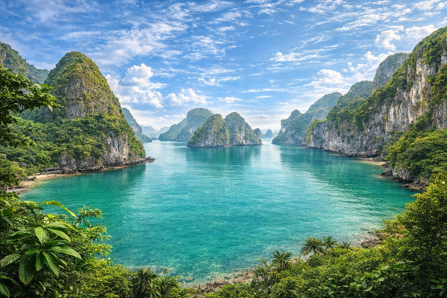 石灰岩に囲まれた穏やかな入江の風景