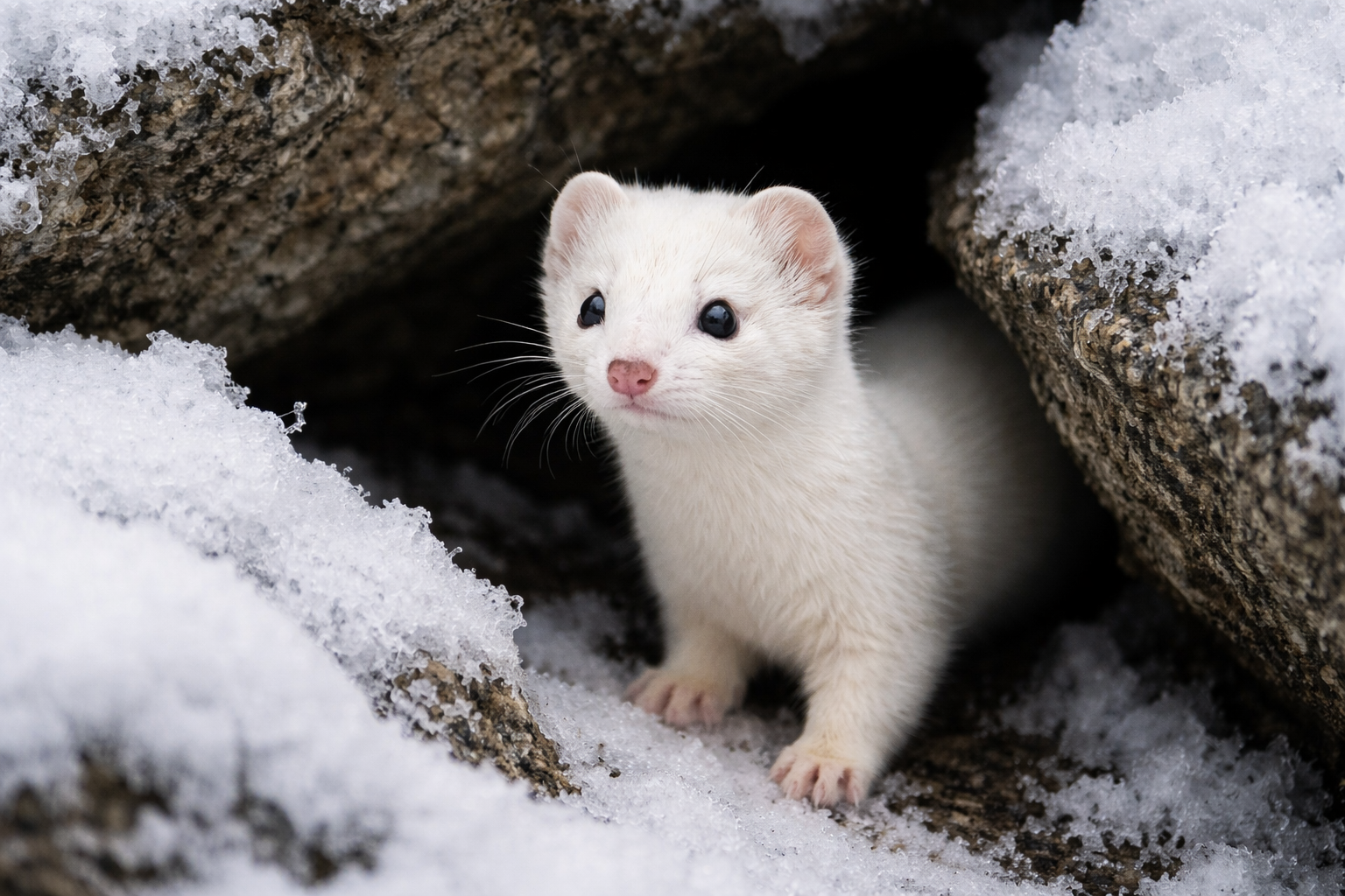 雪の岩場にいる冬毛のオコジョ。白い体をしたイタチ科の小型肉食獣。