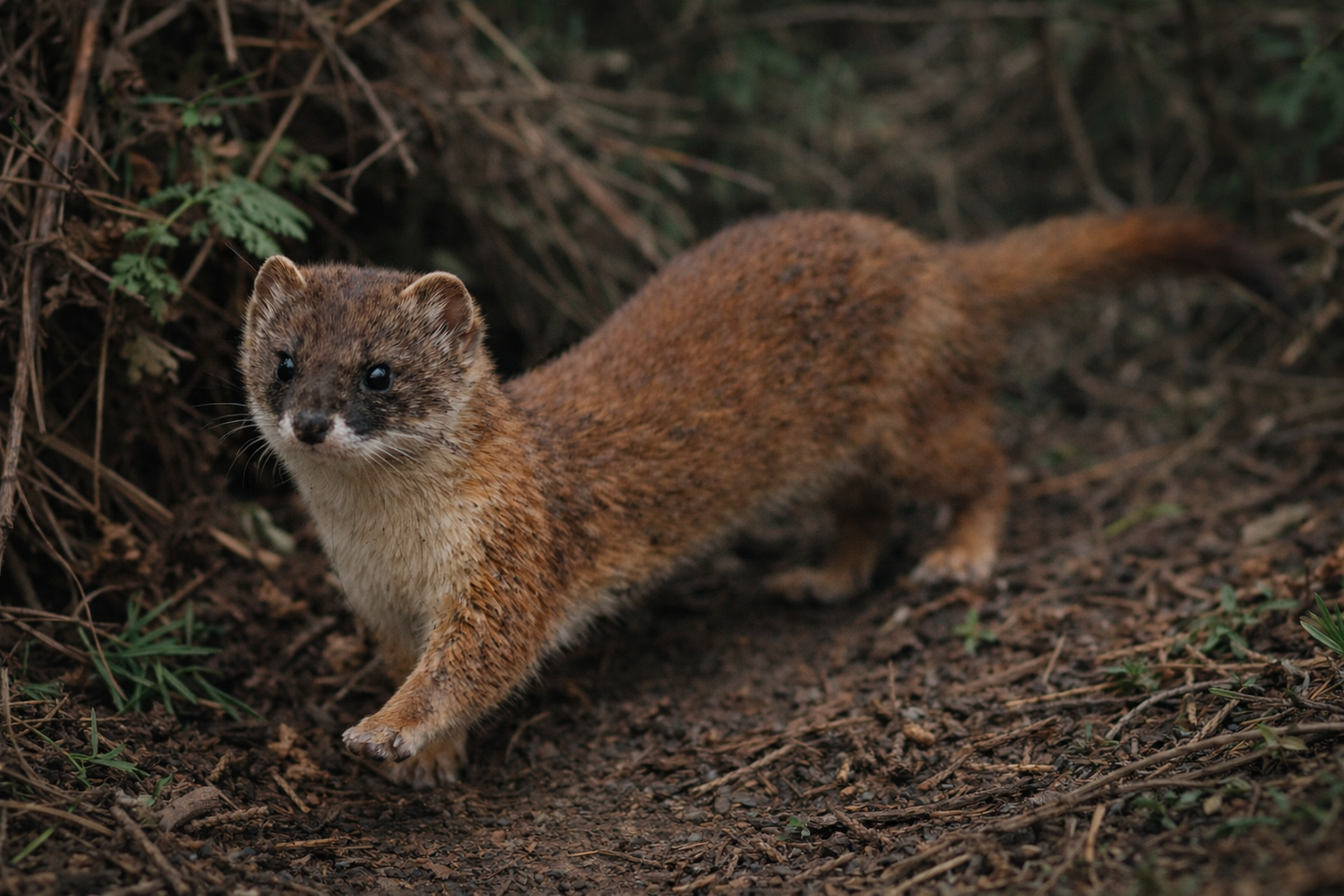 落ち葉の地面を歩くニホンイタチ（Mustela itatsi）。日本の里山に生息する在来イタチ。
