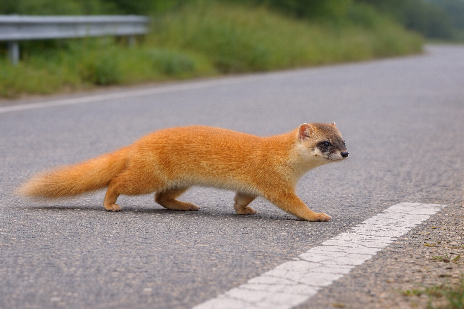 道路を横断するチョウセンイタチ（Mustela sibirica）。日本各地に定着した外来イタチの行動。