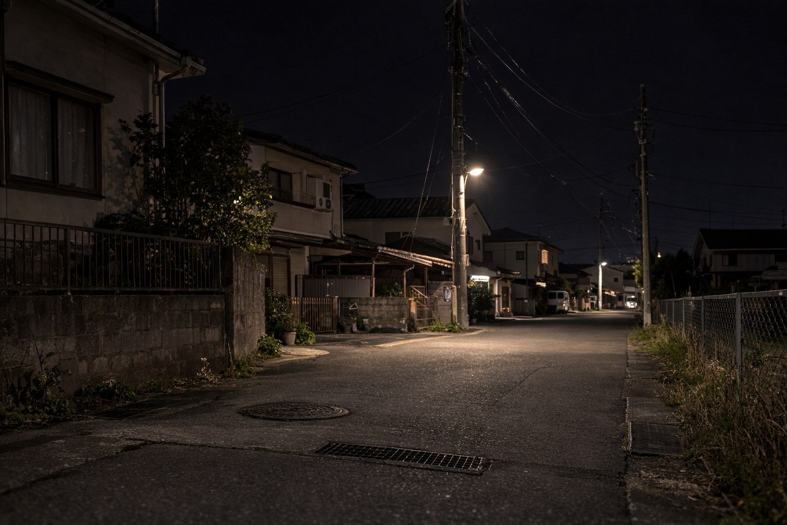 街灯に照らされた夜の地方住宅街の道路。電柱や民家が並び、人通りのない静かな住宅地の風景。