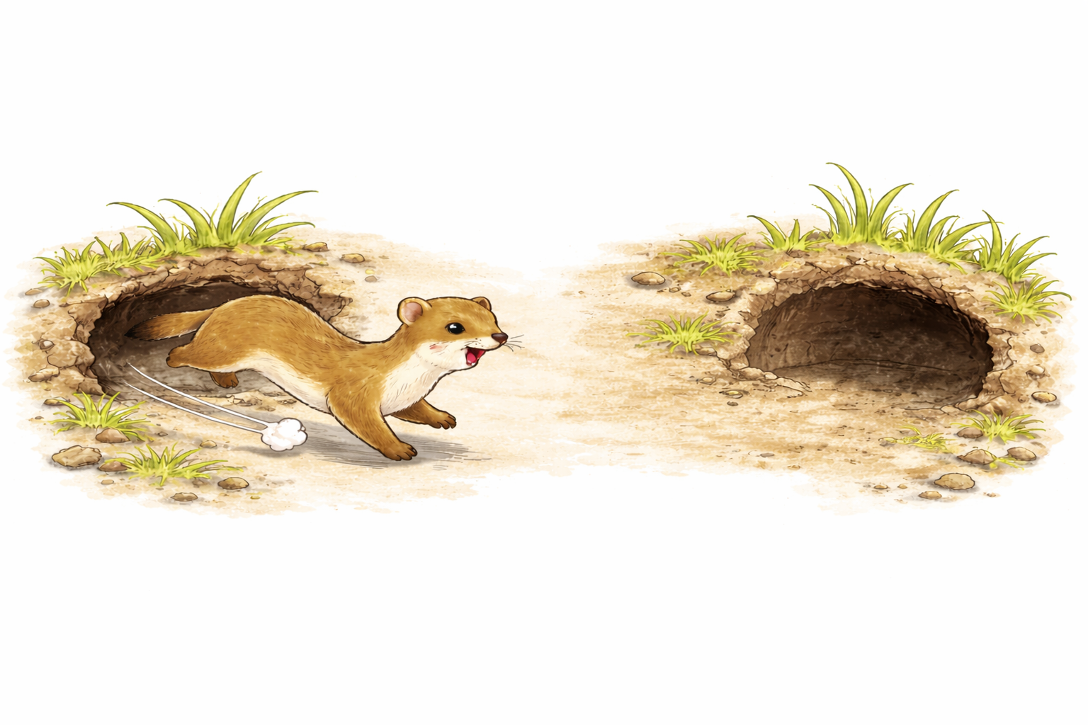 地面の二つの穴のあいだを走り抜けるイタチを描いた簡単なイラスト。イタチごっこを表すイメージ図