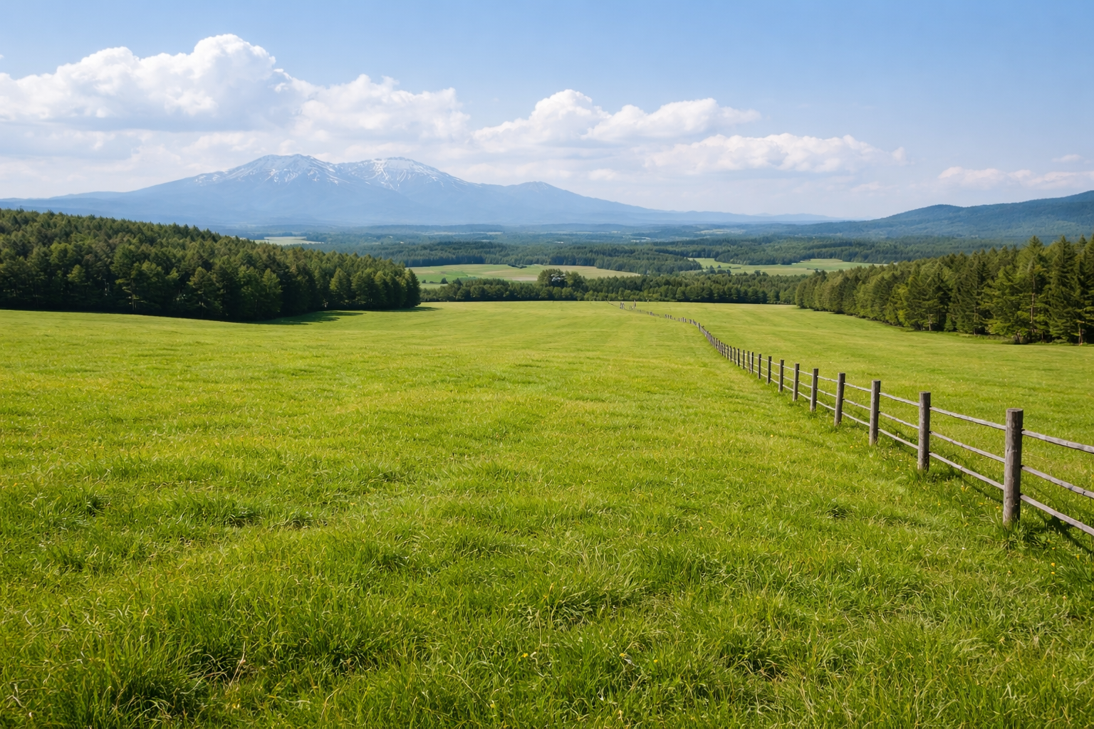 北海道の広大な牧場。緑の草地が広がり、木製の牧場柵だけが続く自然な風景の横長写真。生き物や建物はない牧草地の景観。