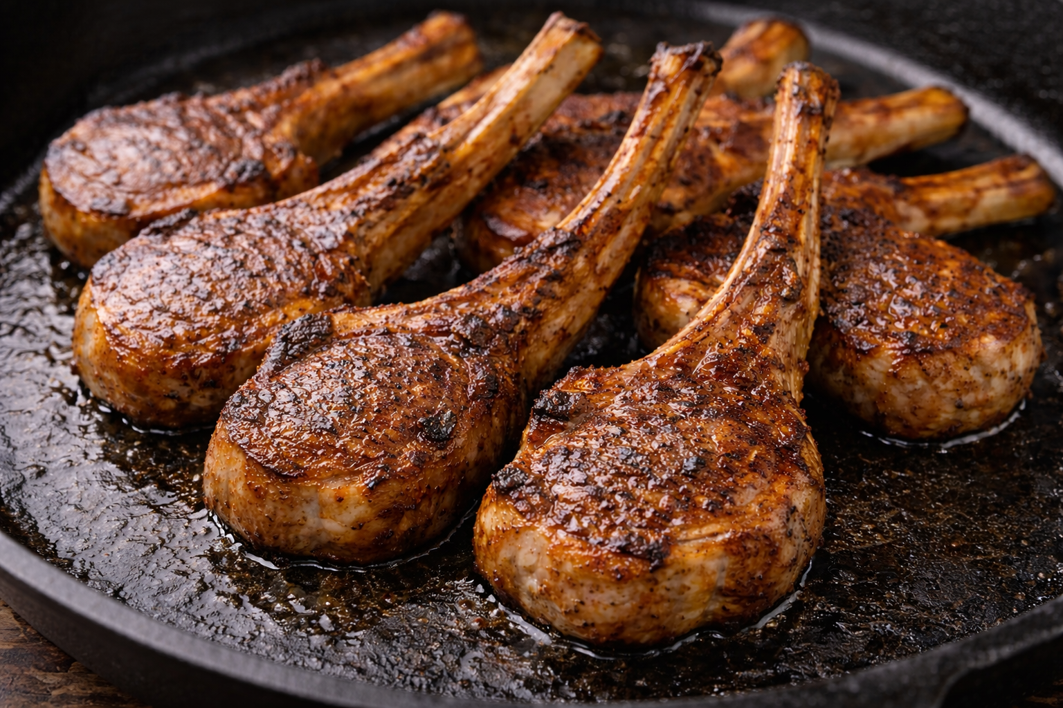 鉄板の上で焼かれたラムチョップ。骨付きの羊肉がこんがり焼けた状態のクローズアップ横長写真。