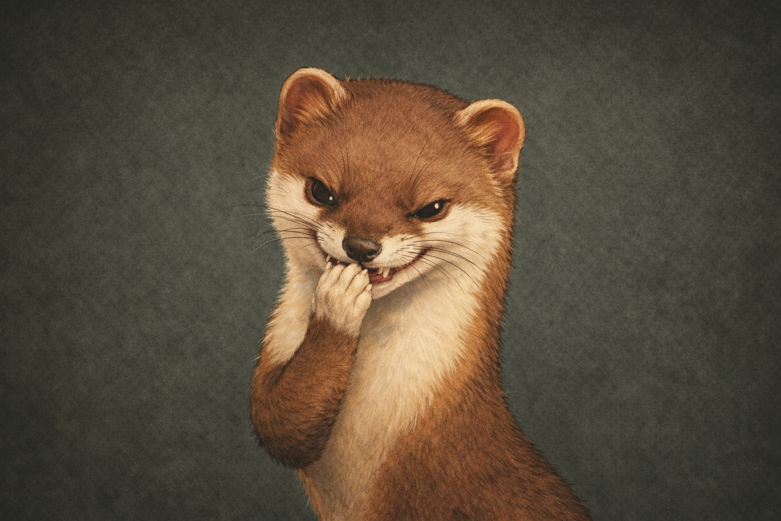 口元に手を当てて悪い笑みを浮かべるイタチのイラスト。人が抱く「ずる賢い動物」のイメージを表現した図。