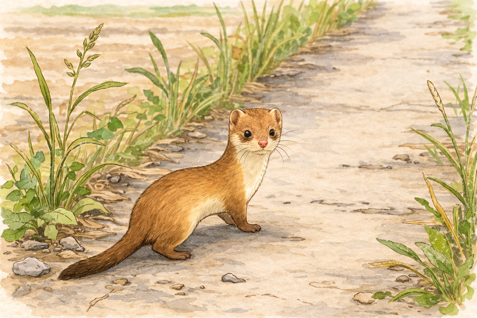 草の生えた農道を歩いていたイタチが立ち止まり、こちらを振り返っている様子を描いたやわらかいタッチのイラスト。