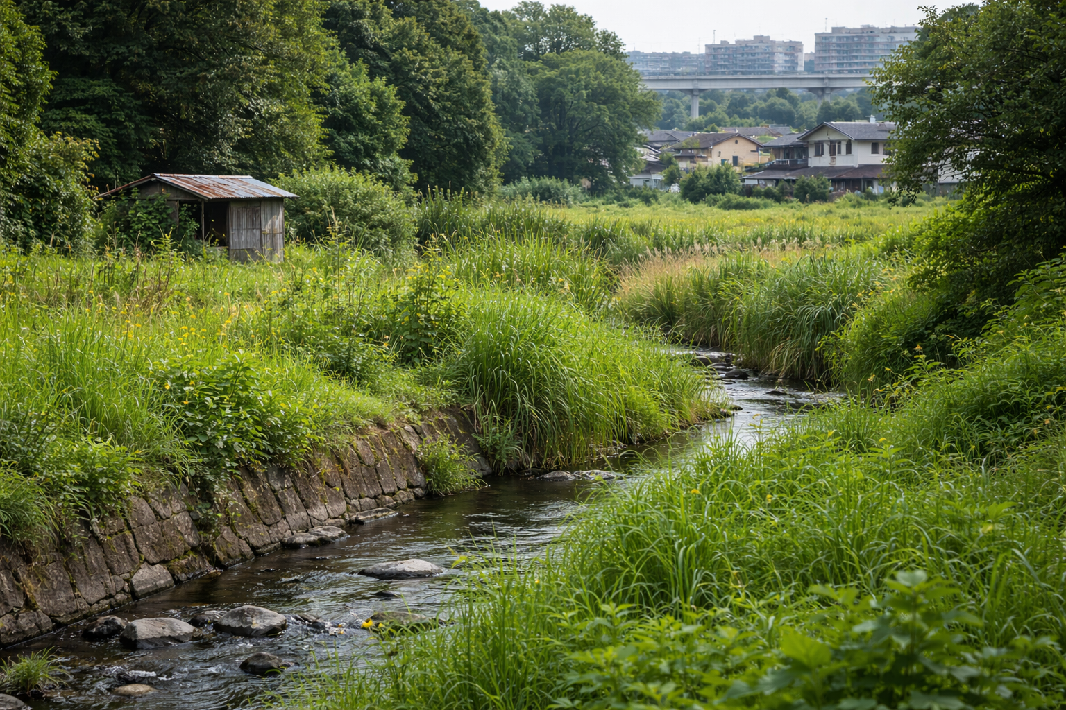 里山と住宅地の境界を流れる小さな川と草地。イタチが利用する半都市的な生息環境。