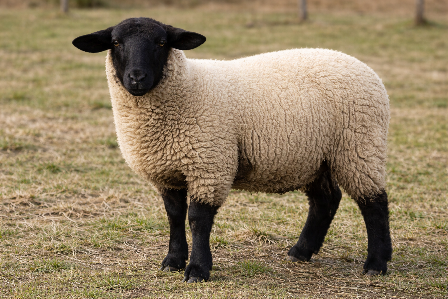 黒い顔と脚を持ち、白い厚い毛に覆われたサフォーク種のヒツジが草地に立つ様子を横長構図で撮影した写真。自然光の下で毛並みと体つきがはっきり見える。
