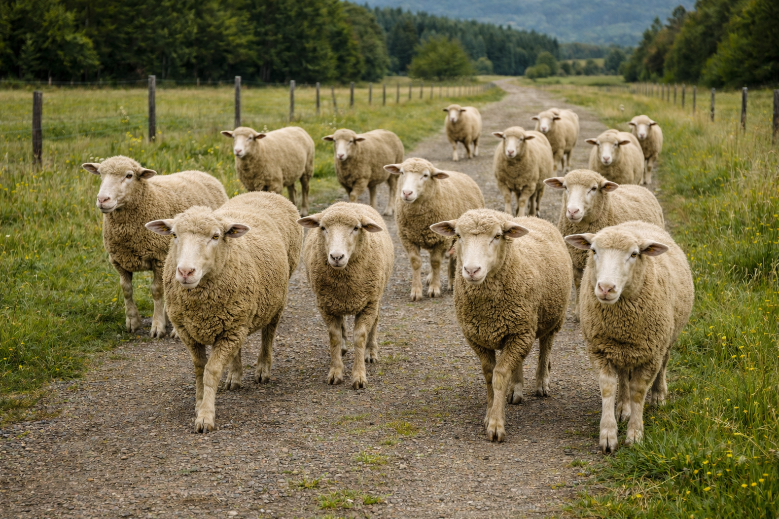 牧場の砂利道を歩く羊の群れ。柵のある牧草地の中を数頭のヒツジがゆっくり進む自然な牧場風景の横長写真。