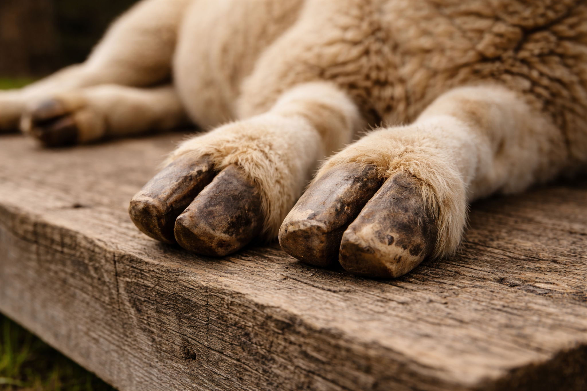 台の上で横になって休む羊の足元。二つに割れた蹄（偶蹄）が近距離で見えるヒツジの蹄のクローズアップ写真。