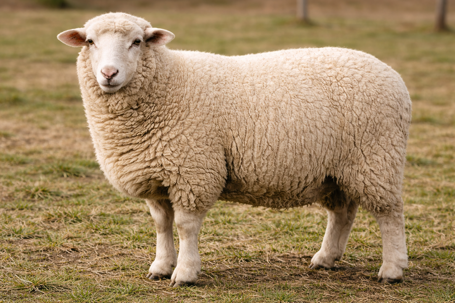 厚く細かい羊毛に覆われたメリノ種のヒツジが草地に立つ様子を横長構図で撮影した写真。角のない成体で、毛量の多い体つきが自然光の下でよく分かる。