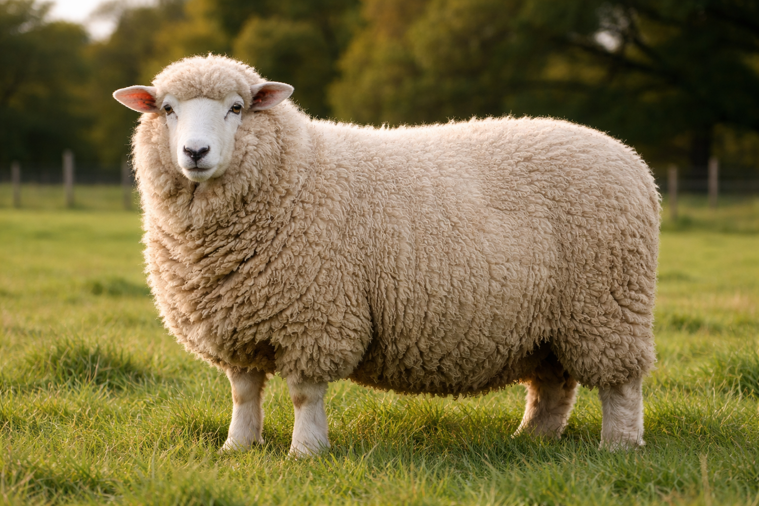 コリデール種のヒツジ（Corriedale sheep）の成体。角がなく、厚く毛深い羊毛を持つ大型の羊。牧草地に立つ横広の写真。