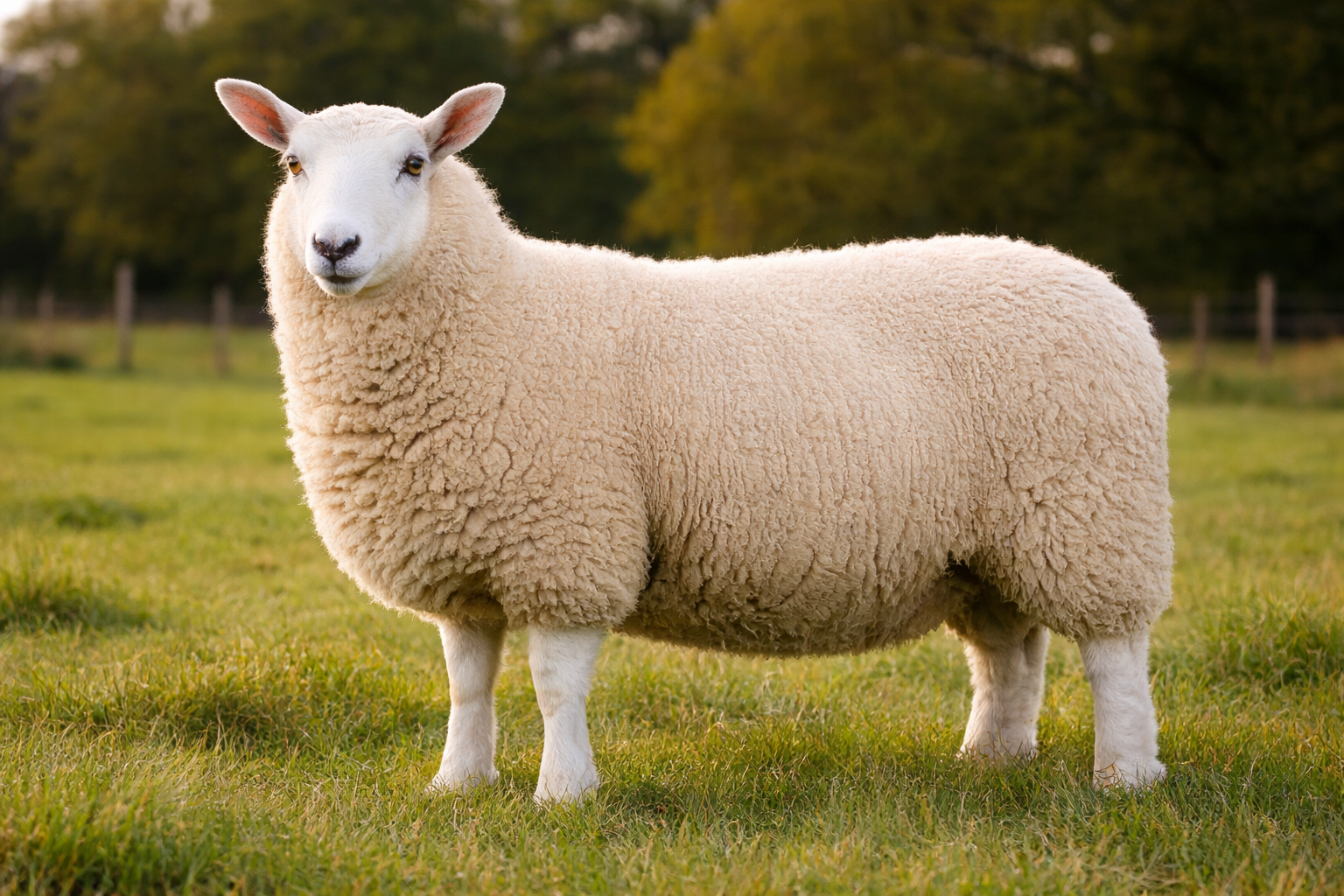 チェビオット種のヒツジ（Cheviot sheep）の成体。白い顔と立ち耳が特徴の羊で、厚い羊毛に覆われた体を持ち牧草地に立つ横広写真。