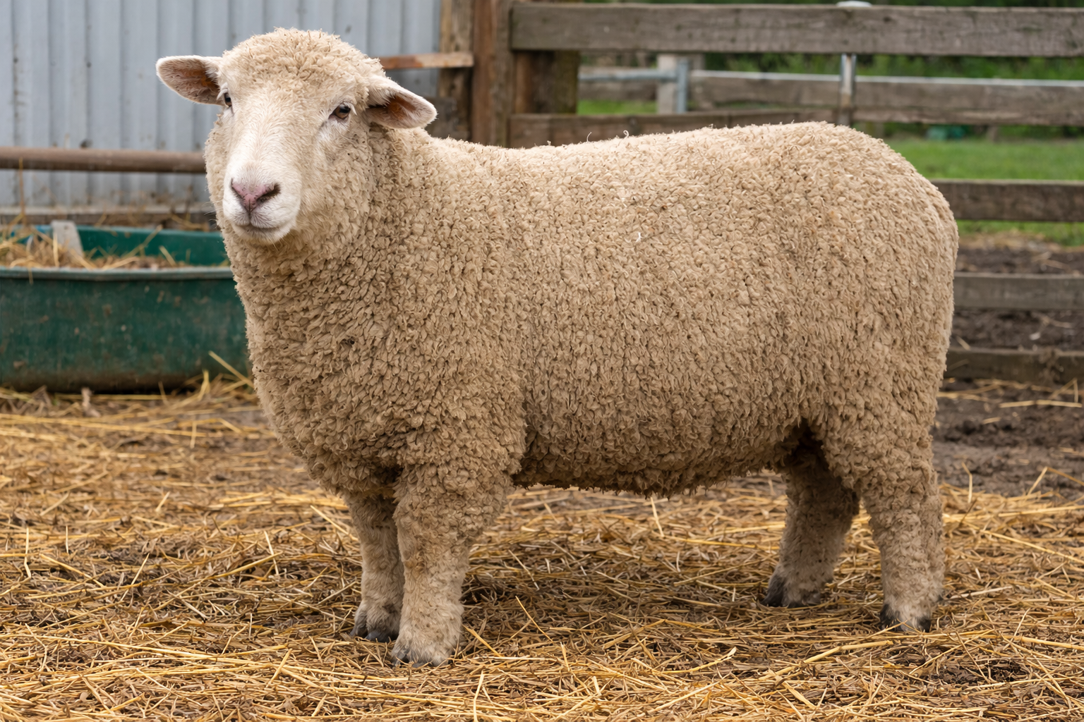 牧場の草地に立つロムニー種のヒツジ（Romney sheep）の成体を横長構図で撮影した写真。白い厚い羊毛に覆われた体と穏やかな顔つきが自然光の下ではっきり見える。