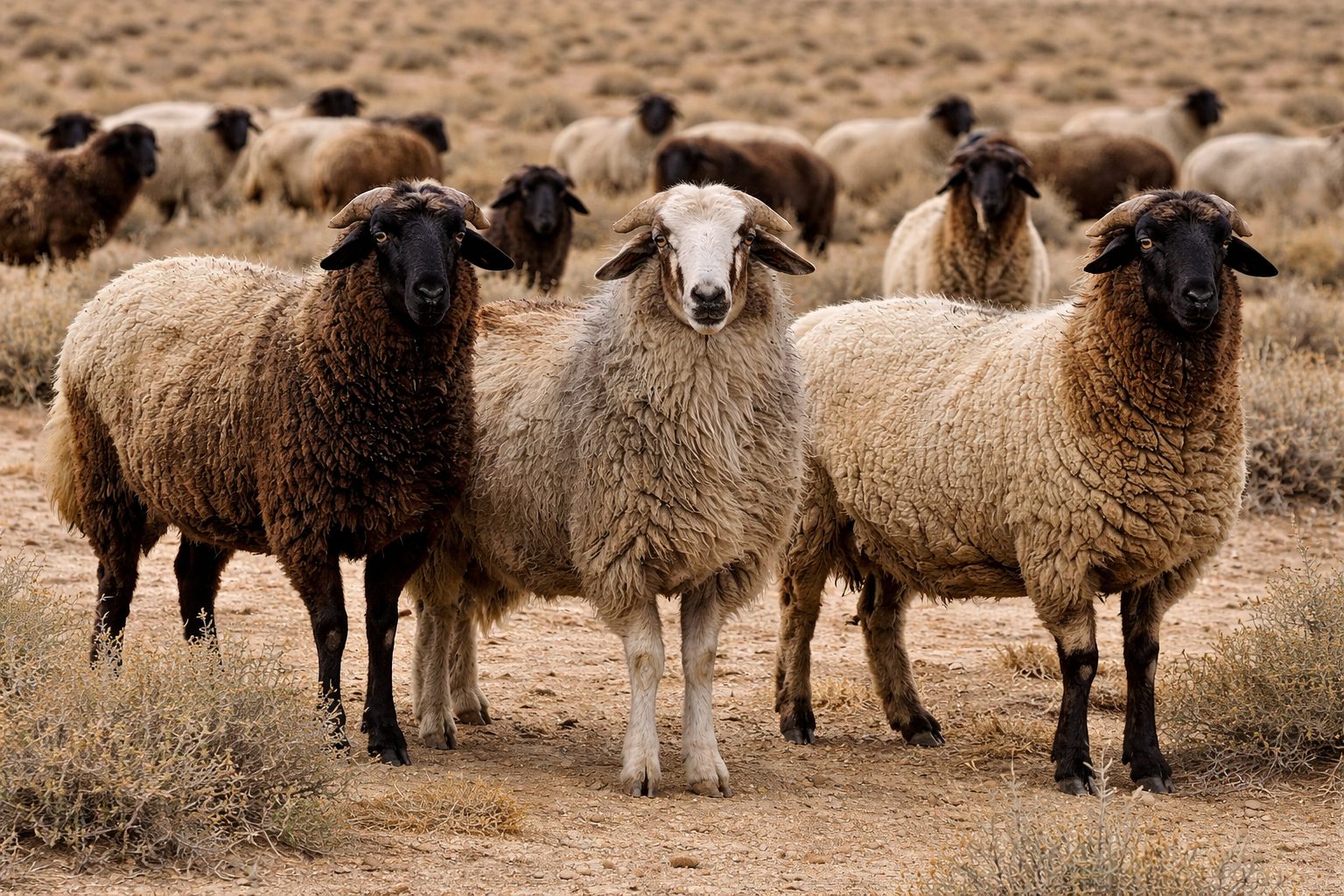 乾燥した草原に立つカラクール種のヒツジの群れを横長構図で撮影した写真。黒や茶色の顔を持つ羊が数頭まとまって立ち、粗めの羊毛と乾燥地に適応した体つきが見える。