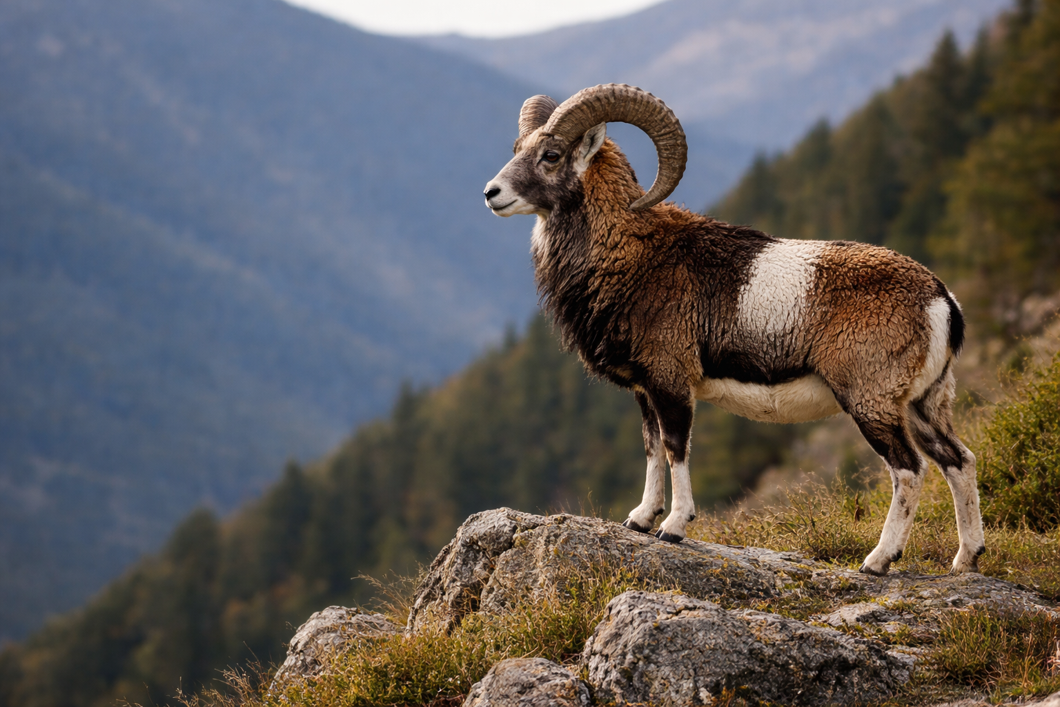 ムフロン（mouflon）のオス。大きく湾曲した角を持つ野生ヒツジで、山の崖の上に立ち遠くを見渡している横長写真。