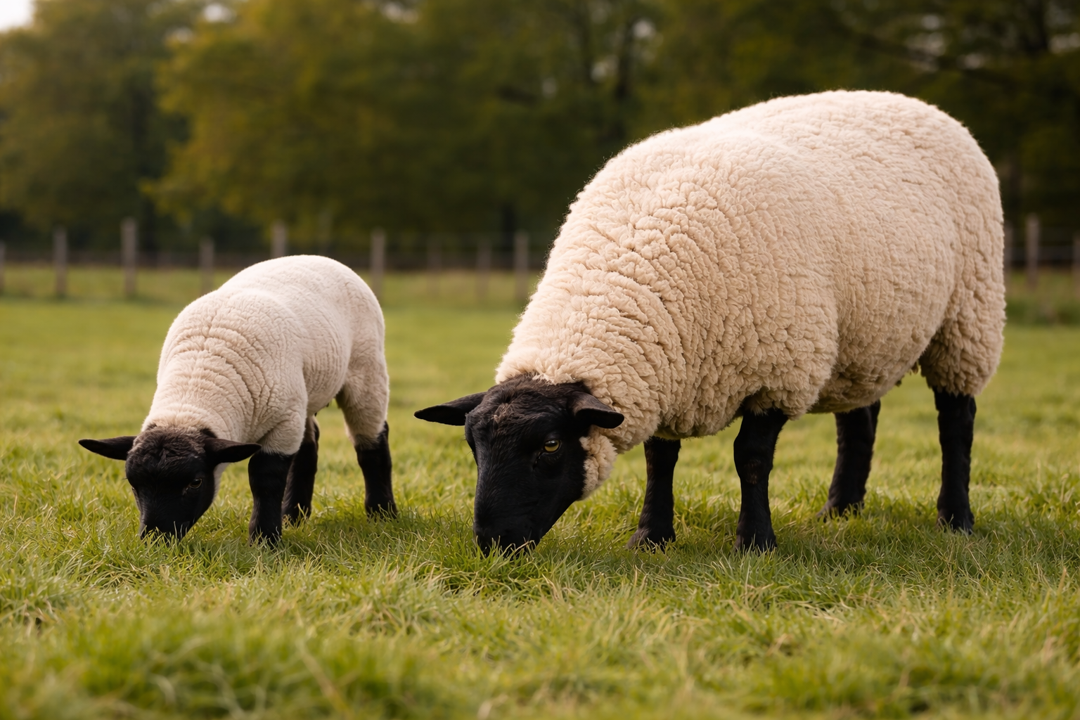 サフォーク種のヒツジの親子。黒い顔を持つ母羊と子羊が牧草地で草を食べている自然な様子の横長写真。