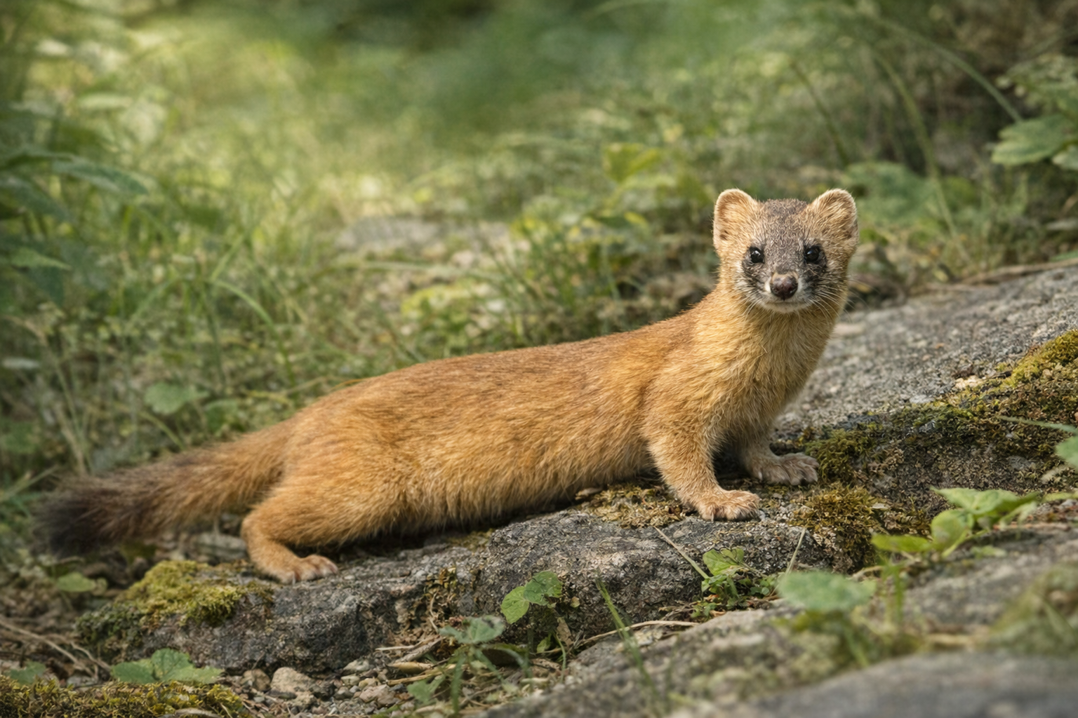 石垣の上を歩くニホンイタチ。細長い体と茶褐色の毛並みが特徴の小型肉食獣。