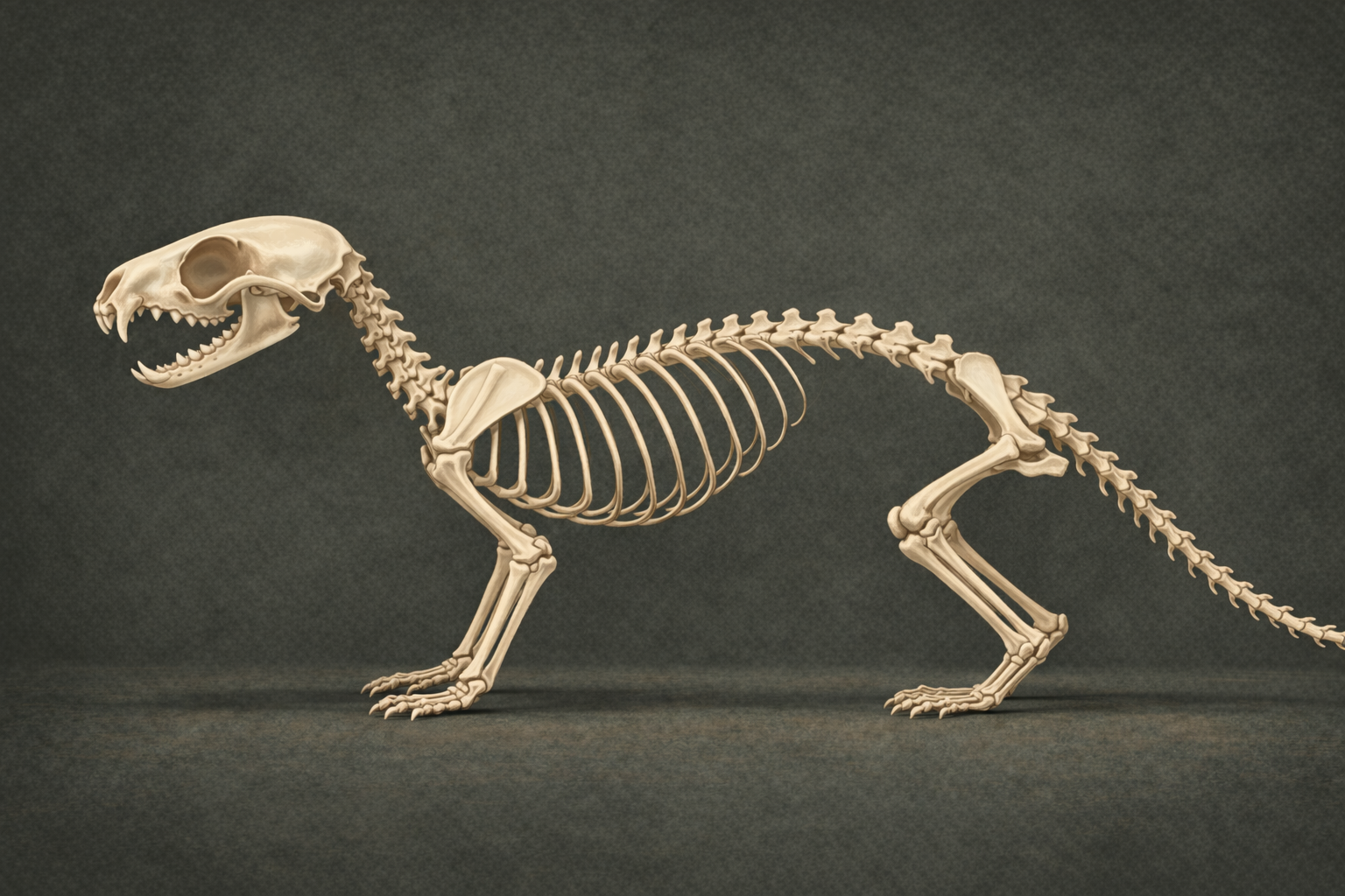 側面から見たイタチの骨格図。細長い胴と短い脚、鋭い犬歯を持つイタチ科の構造。