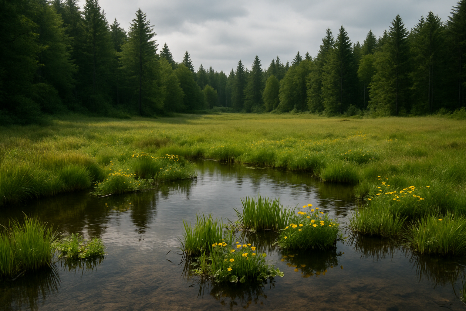 草に囲まれた浅い水辺の湿地の風景