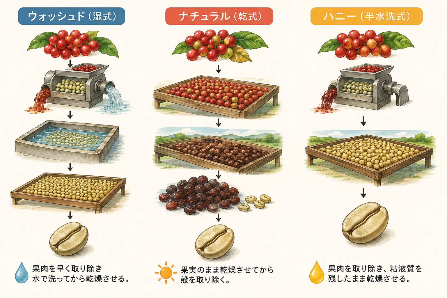 ウォッシュド・ナチュラル・ハニーの3つのコーヒー精製方法を比較したイラスト。果実から生豆になるまでの工程と、それぞれの違いを図解している。