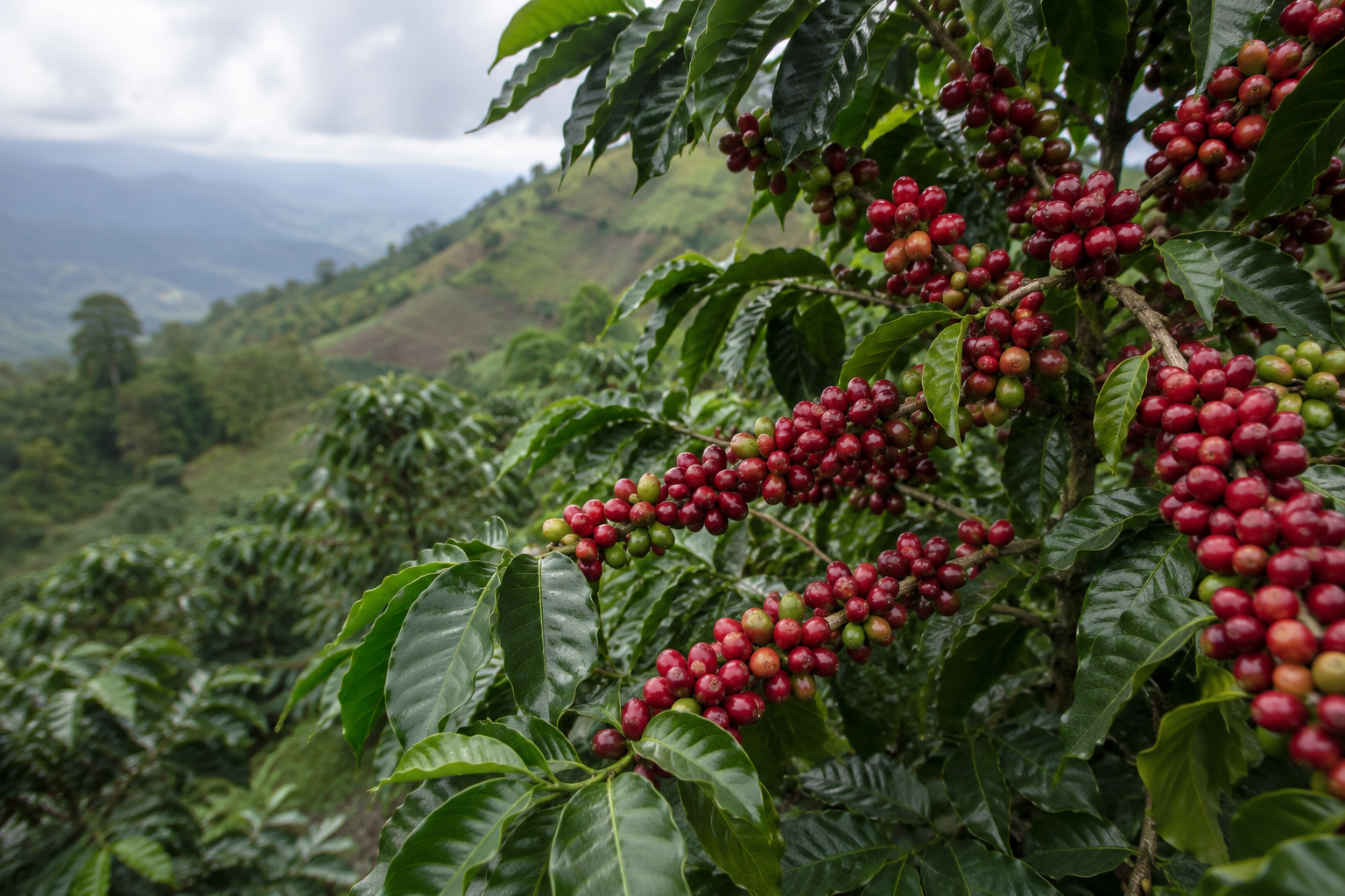 高地のコーヒー農園で栽培されるアラビカ種（Coffea arabica）。光沢のある葉と熟した赤いコーヒーチェリーが枝いっぱいに実り、背景には山の斜面に広がる農園が見える。