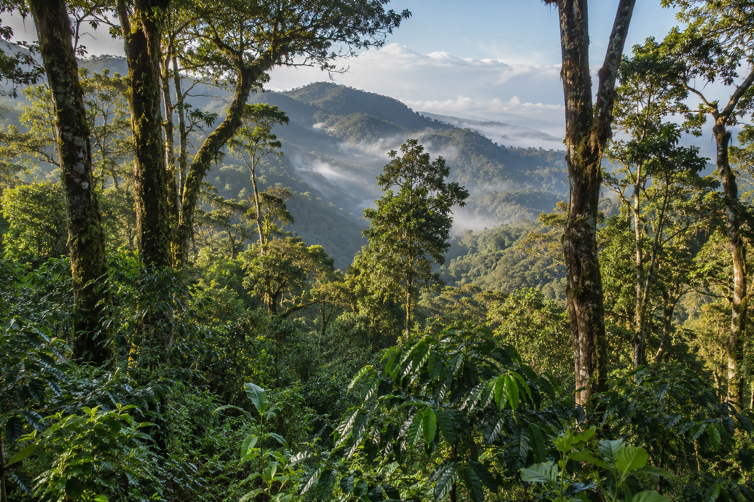 エチオピア高原の森林風景。高木が立ち並ぶ山地林の下層には野生のコーヒーノキが見られ、霧のかかる谷と豊かな植生が広がっている。
