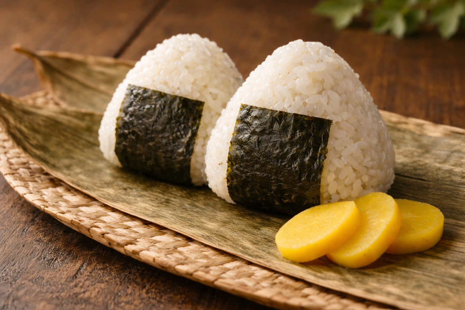 乾燥した笹の葉の上に、海苔を巻いた三角形のおにぎり2個と、黄色いたくあん3切れを並べた横長写真。木のテーブルの上で自然光に照らされ、米の粒感がはっきりと写っている。