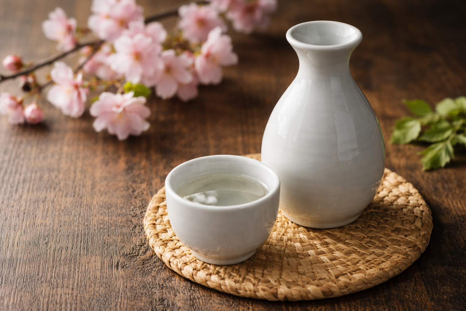 白い陶器の徳利とおちょこに注がれた透明な日本酒を、木のテーブルの上で横長構図で撮影した写真。やわらかな自然光が器の曲線と酒の透明感を引き立てている。