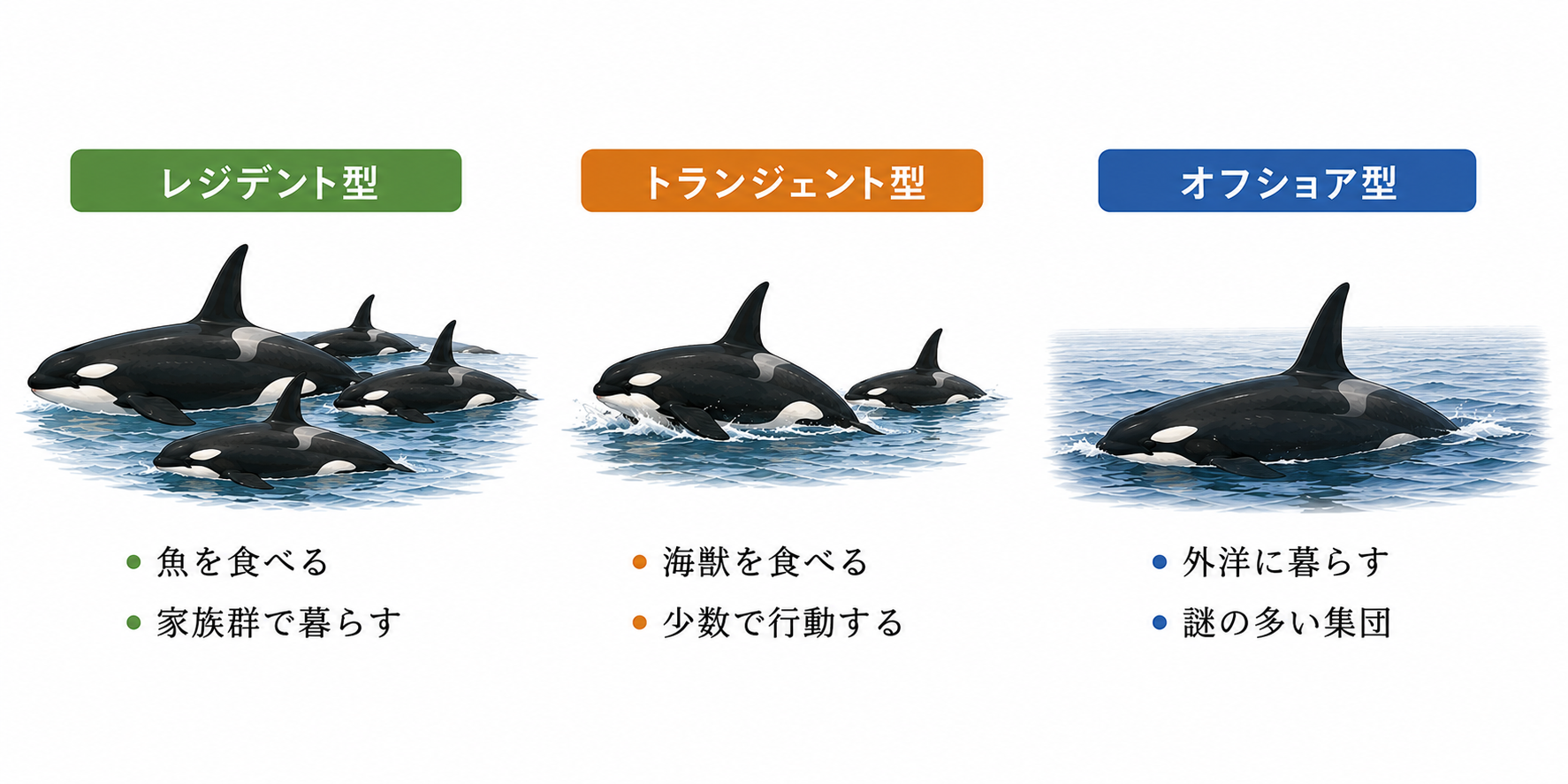 白背景の図解イラスト。レジデント型、トランジェント型、オフショア型の3つのシャチの生態型を並べて紹介している。レジデント型は魚を食べ家族群で暮らし、トランジェント型は海獣を食べ少数で行動し、オフショア型は外洋で暮らす謎の多い集団として簡潔に説明されている。