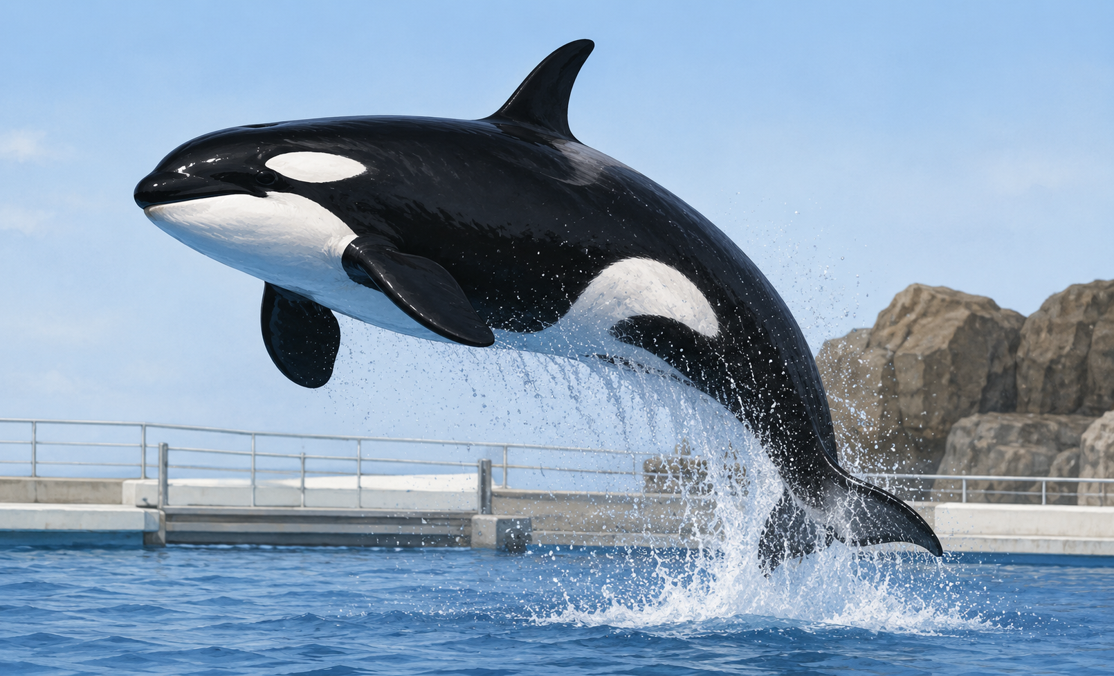 水族館の大きなプールから、一頭のシャチが高くジャンプしている。黒と白の体が宙に浮かび、水しぶきが大きく舞い上がる。背景には観覧施設や岩場が見え、人間の管理下で展示されるシャチの姿を表している。