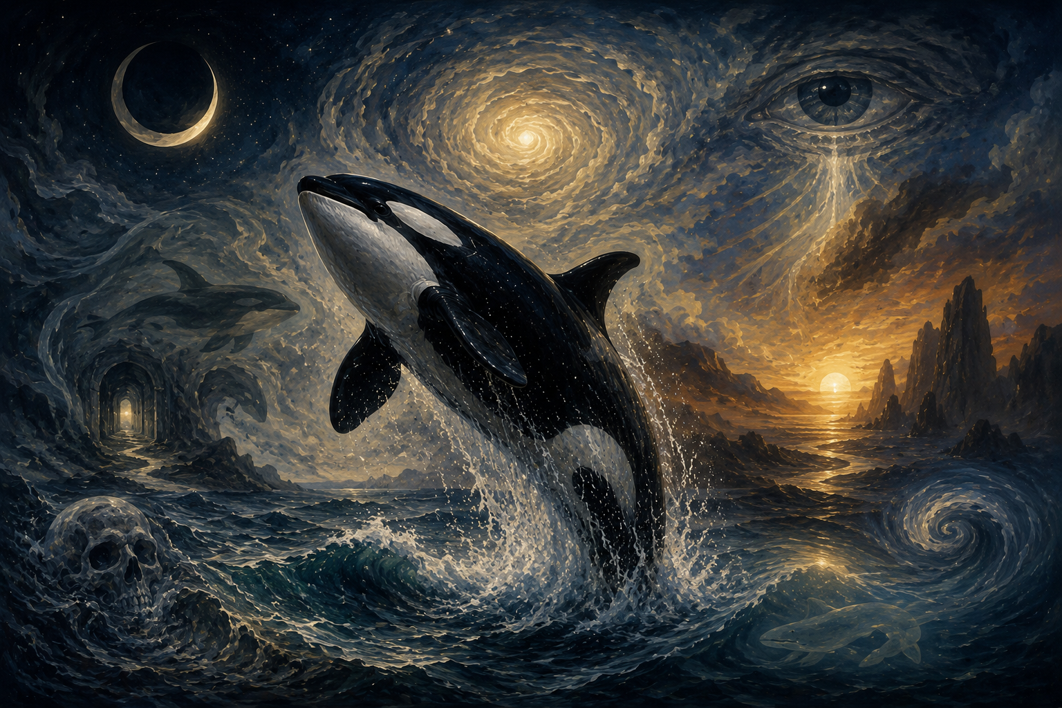 幻想的な海の世界を描いた神話画風のイラスト。中央ではシャチが荒れた海から大きく跳び上がり、その周囲には月、渦巻く光、遠い水平線、海中へ続く洞窟のような風景が広がる。生と死、光と闇、現実と伝承の境界を象徴する要素が重なり、神話や物語の中で語られてきたシャチの象徴性を表現している。