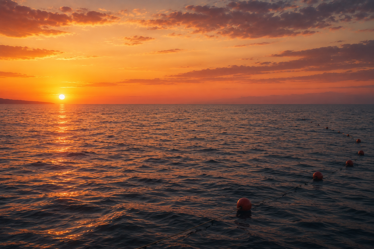 夕暮れの海にブイが並ぶ風景。オレンジ色の夕日が海面を照らし、ブイの列は画面の端からゆるやかに弧を描きながら沖へ続いている。船や生き物の姿はなく、人と野生動物が共有する海の利用空間を象徴する静かな海景。