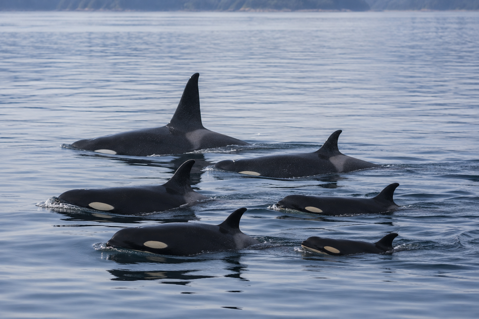 穏やかな北太平洋沿岸の海を、成獣のオス、メス、若い個体、子どもを含むシャチの群れがまとまって泳いでいる。三世代の家族群がゆるやかな隊列をつくり、静かな海面を進んでいる。
