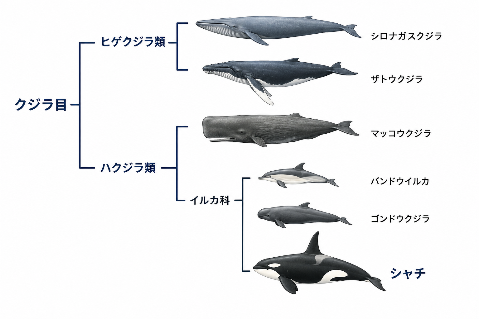 クジラ目の分類を示した系統樹イラスト。ヒゲクジラ類にはシロナガスクジラとザトウクジラ、ハクジラ類にはマッコウクジラが配置され、その下のイルカ科にバンドウイルカ、ゴンドウクジラ、シャチが並ぶ。シャチがイルカ科に属することを視覚的に示している。