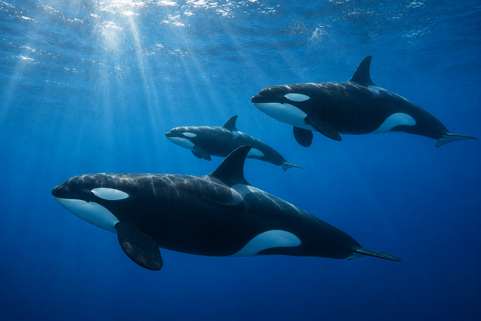 青く澄んだ海中を、三頭のシャチが隊列を組むように泳いでいる。成獣二頭と若い個体が光の差し込む海の中をゆったりと進み、黒と白の特徴的な体色が深い青の海に浮かび上がっている。