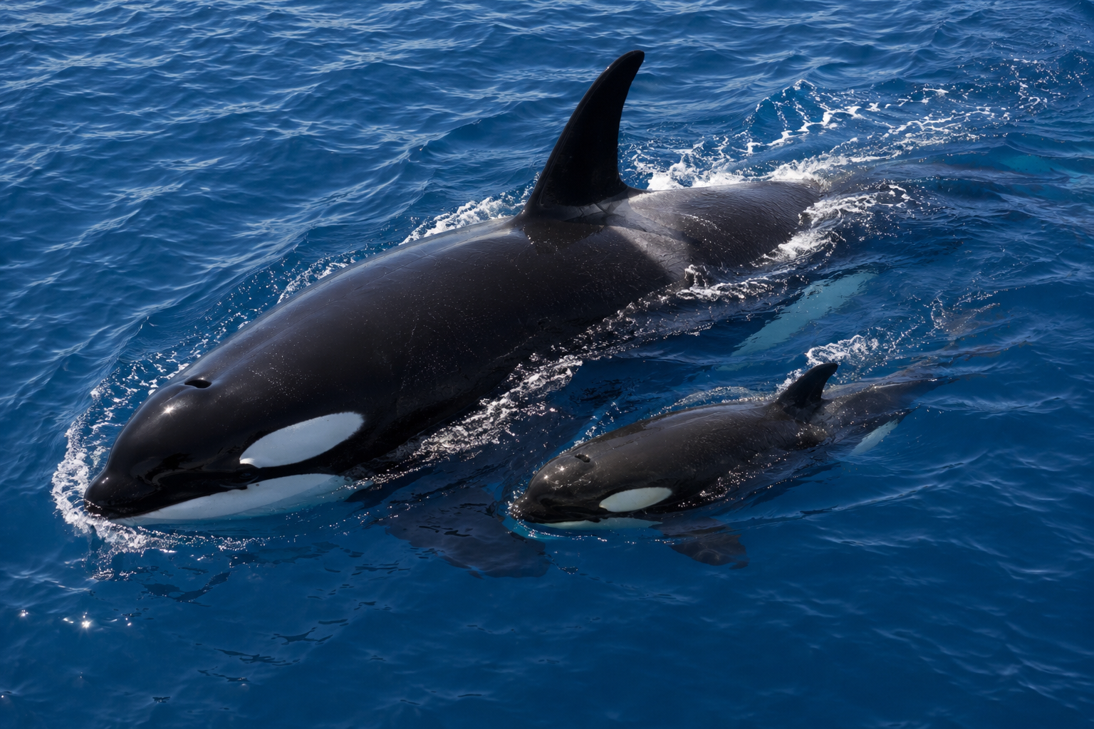 穏やかな青い海の海面近くを、大きな母シャチと小さな子シャチが並んで泳いでいる。上空から見た構図で、母親が子どもに寄り添うように進み、黒と白の体色が陽光を受けた海面に映えている。親子の結びつきが伝わる自然な海の一場面。