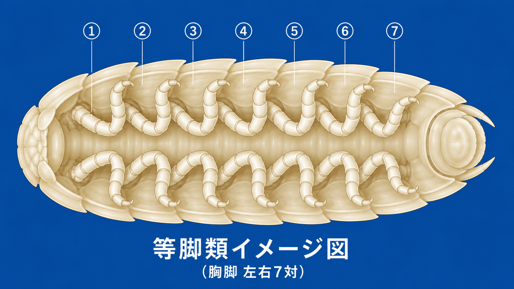 青い背景に、等脚類の腹面を模式的に描いた横長イラスト。左右に7対の胸脚が並び、1〜7の番号で示されている。下部には「等脚類イメージ図（胸脚 左右7対）」と表示されている。