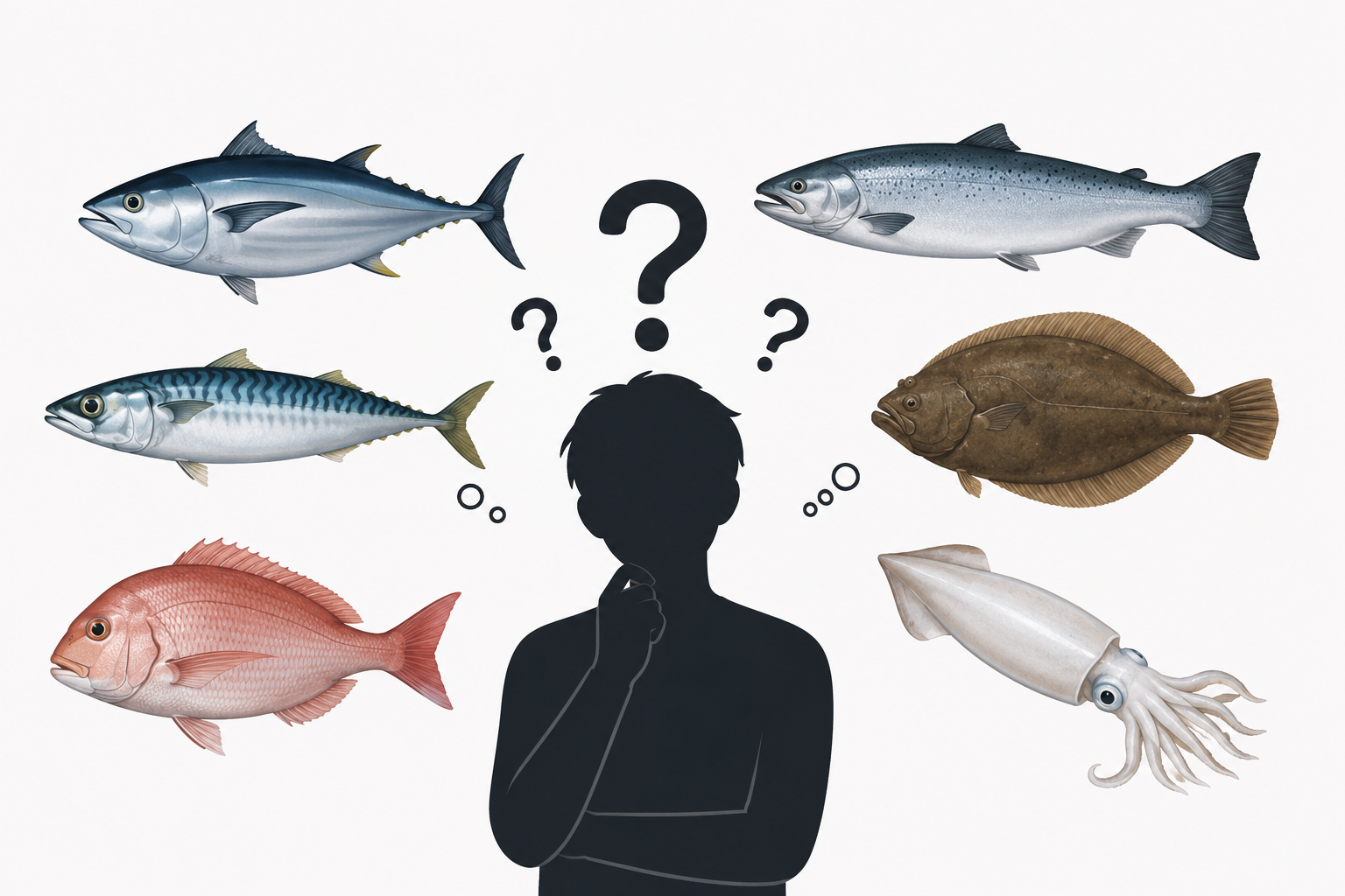 黒い人のシルエットが、周囲に浮かぶマグロ、サケ、サバ、ヒラメ、タイ、イカを見ながら、生食の安全性について悩んでいる様子を描いたイラスト。頭上には複数のクエスチョンマークが浮かんでいる。
