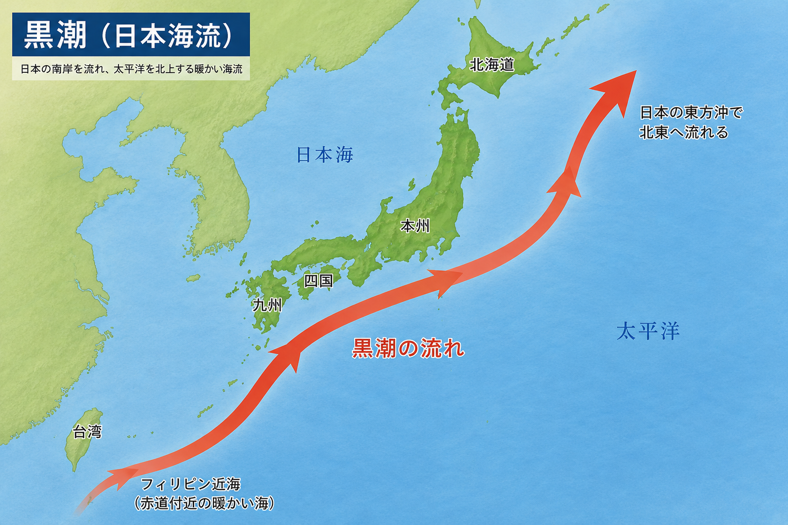 日本近海を流れる黒潮の流れを示した地図。台湾付近から日本南岸を北東へ進む暖流が描かれている。