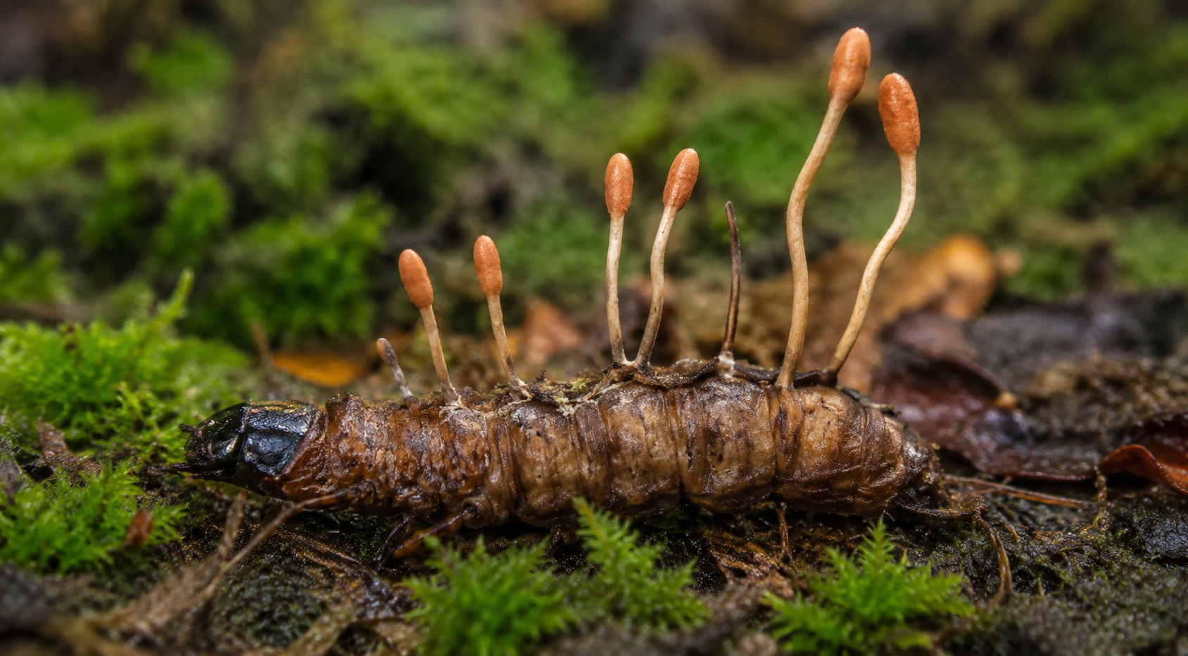 湿った森の地面に横たわる昆虫の体から、複数の細長い冬虫夏草が伸びている様子を接写した自然写真風画像。周囲には苔や落ち葉が広がっている。