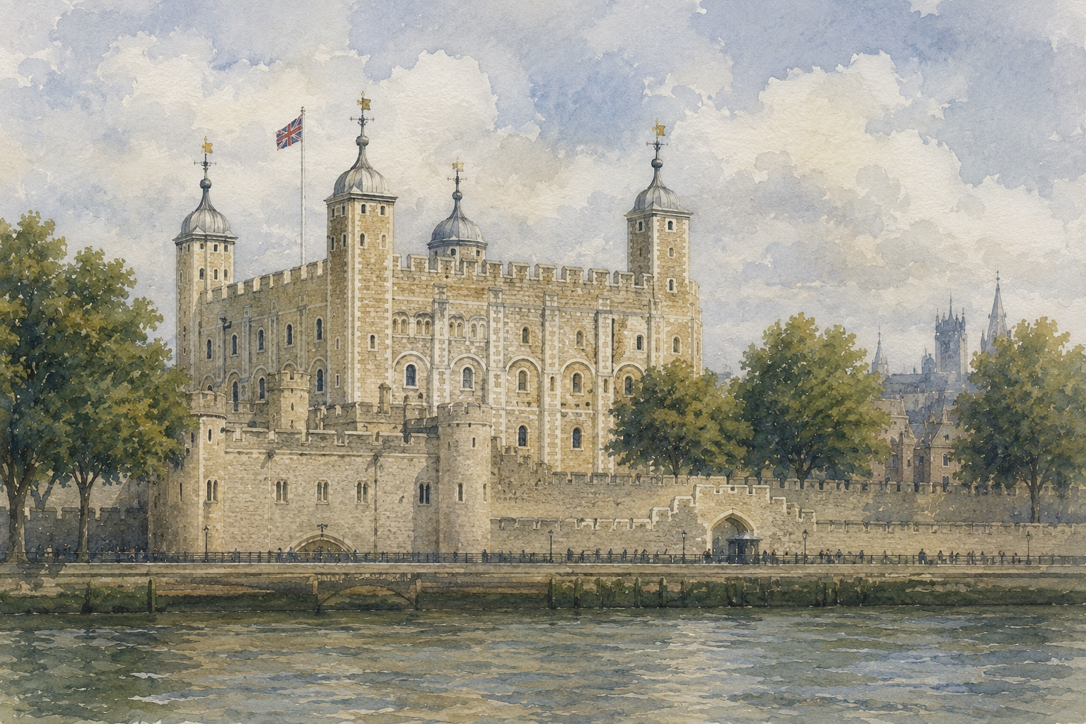 テムズ川沿いに建つロンドン塔を描いた絵画風イメージ。英国に伝わるワタリガラスの伝説の舞台として知られる歴史的な城塞を表現している。