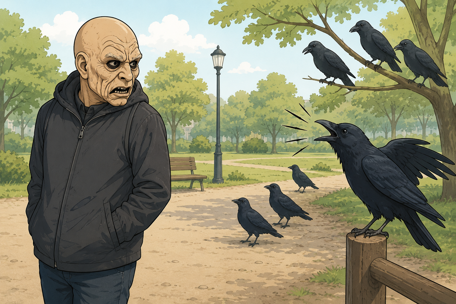 公園で不気味なマスクを着けた人物を遠くから警戒して鳴くカラスを描いたイメージ。カラスが人の顔を識別し長期間記憶する能力を研究したマスク実験を表現している。