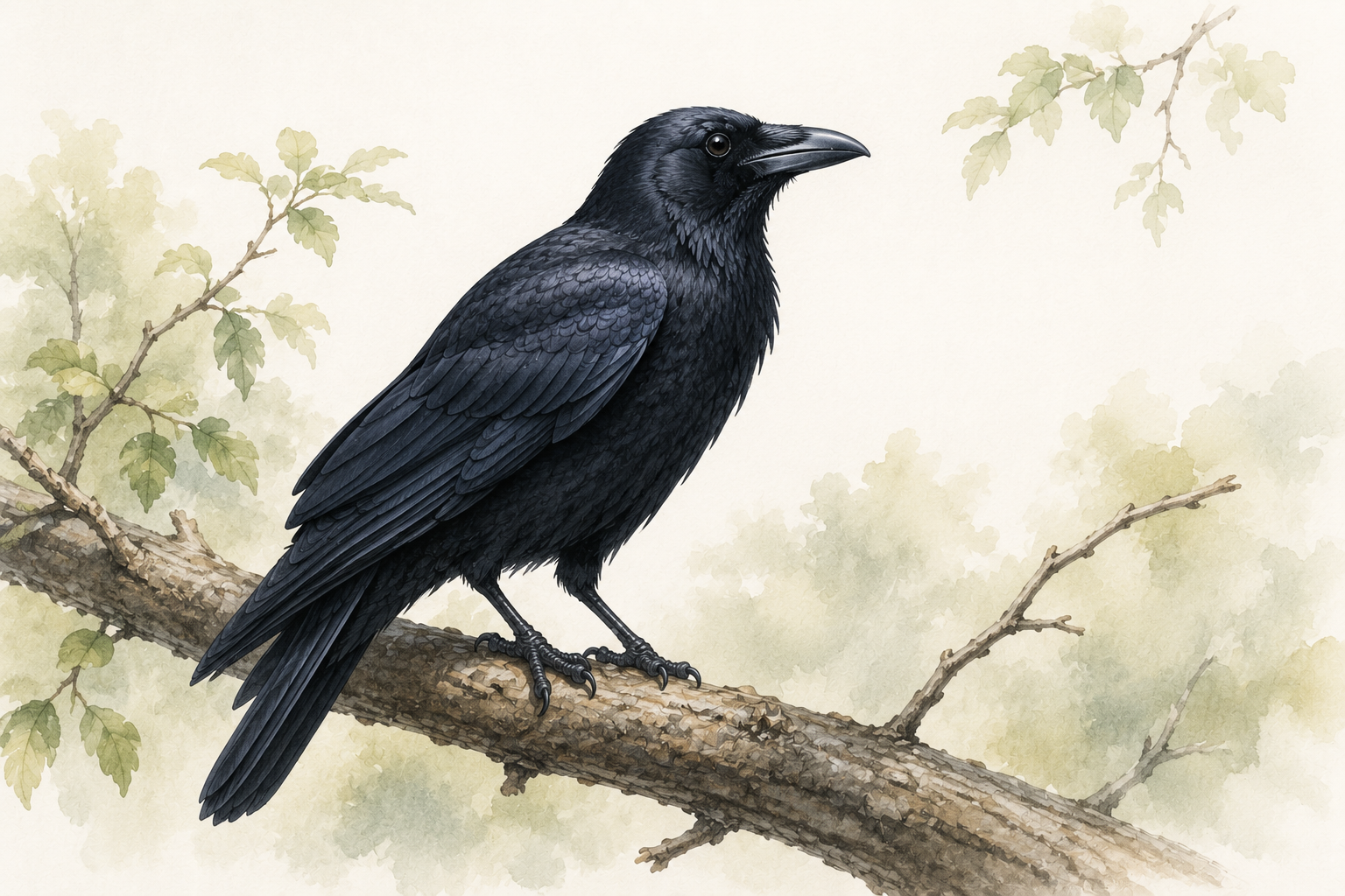 木の枝にとまるカラスを描いたイラスト。高い知能や優れた記憶力で知られるカラスの特徴をイメージした自然観察風のイラスト。